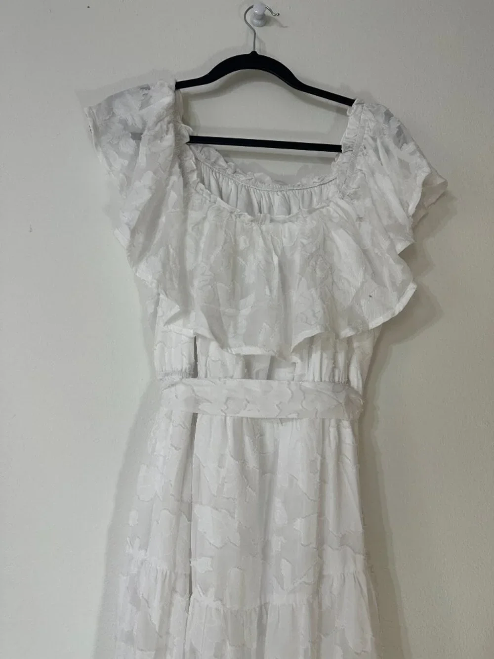 Amazon White Off-the-Shoulder Jacquard Floral Tiered Maxi Dress